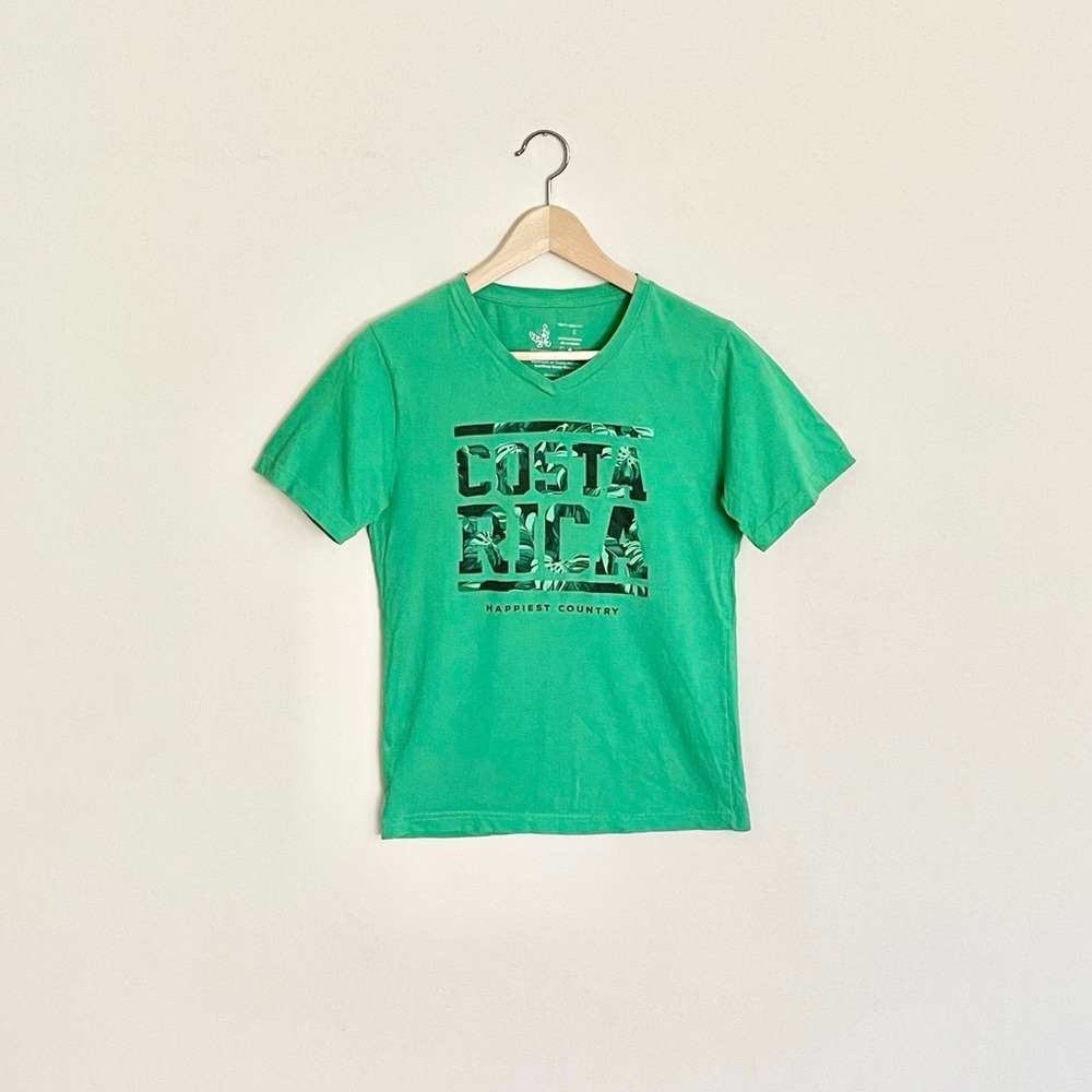 Morpho Costa Rica Happiest Country Graphic Green V Neck T Shirt Women’s Small